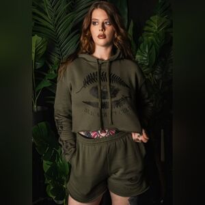 Blackcraft Cult Plant Witch Cropped Hoodie & Shorts Set Olive Green Goth Size M